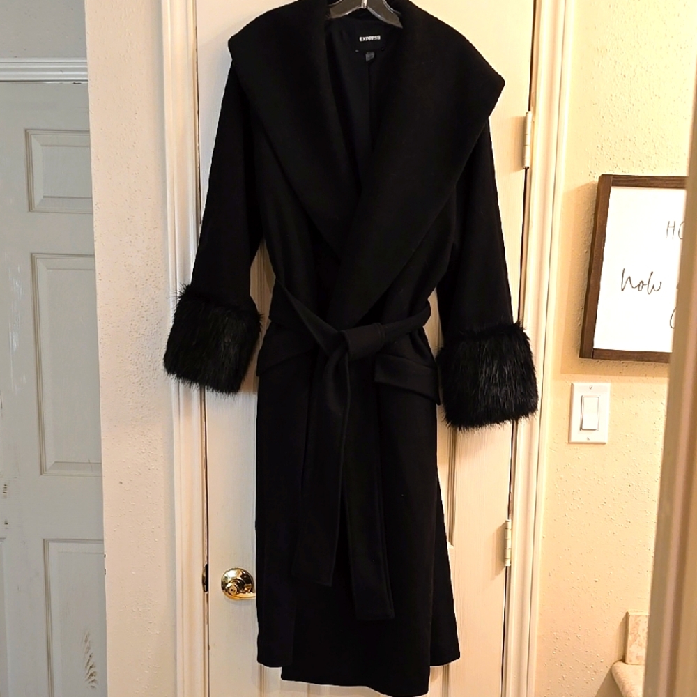 Express brand Elegant Black Coat with Faux Fur Cuffs